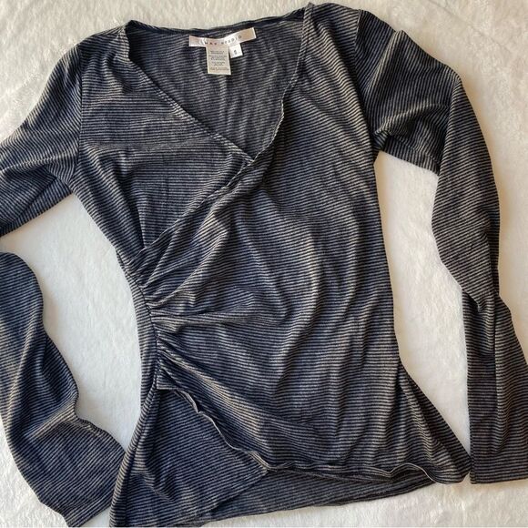 MAX STUDIO Long Sleeve Ruched Faux Wrap Top - Gray Striped Size Small - Picture 1 of 8